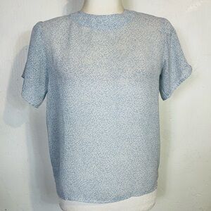 Vintage 90s Sara Stephen Size Small S Short Sleeve Floral Blouse Blue White